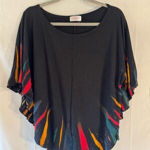 Black Tunic with Red, Teal, Mustard and Orange Brushstroke Accents